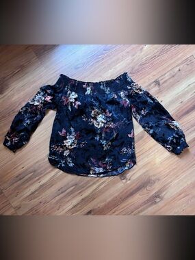 White House Black Market Black and Pink Floral Off the Shoulder Blouse